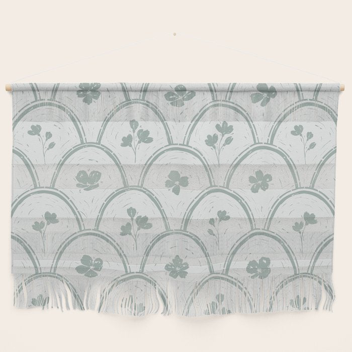 Rustic scallop floral block print - dusty mint pastel green pattern Wall Hanging Gallery Image 1
