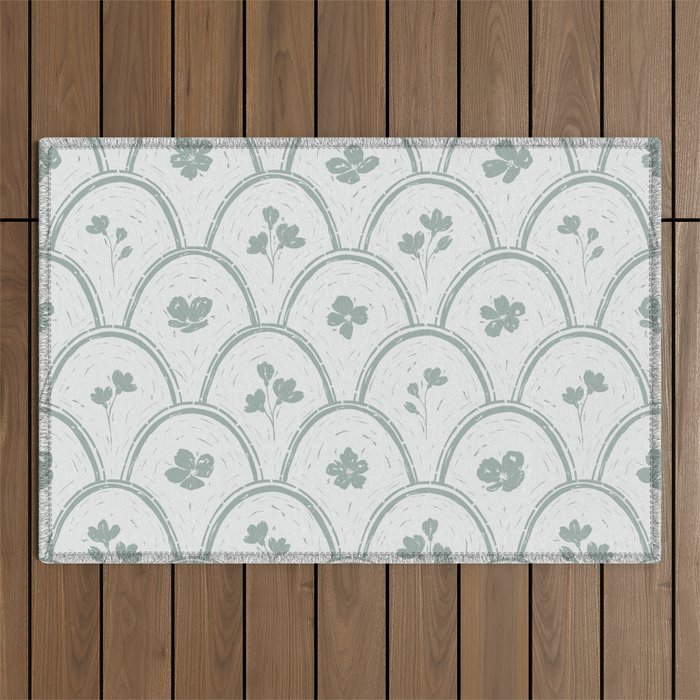 Rustic scallop floral block print - dusty mint pastel green pattern Outdoor Rug Gallery Image 1