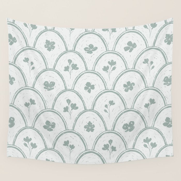 Rustic scallop floral block print - dusty mint pastel green pattern Wall Tapestry Gallery Image 1