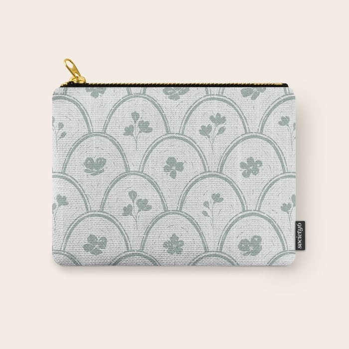 Rustic scallop floral block print - dusty mint pastel green pattern Carry All Pouch Gallery Image 1