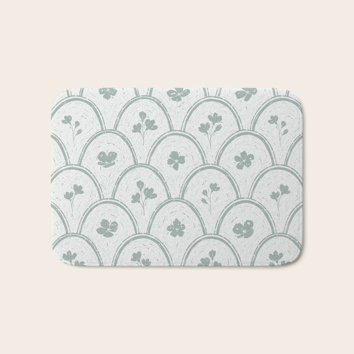 Rustic scallop floral block print - dusty mint pastel green pattern Bath Mat Gallery Image 1