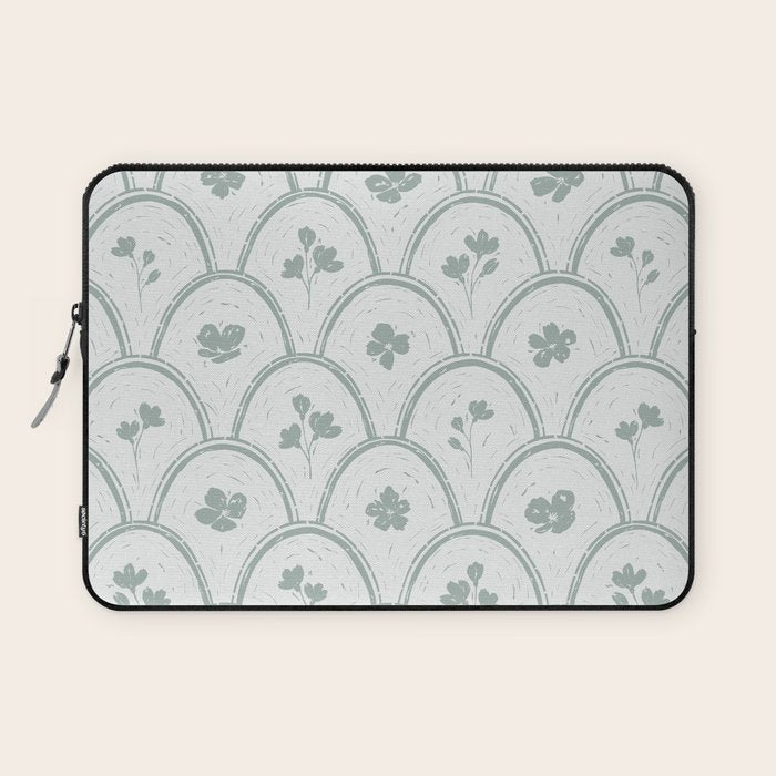 Rustic scallop floral block print - dusty mint pastel green pattern Laptop Sleeve Gallery Image 1