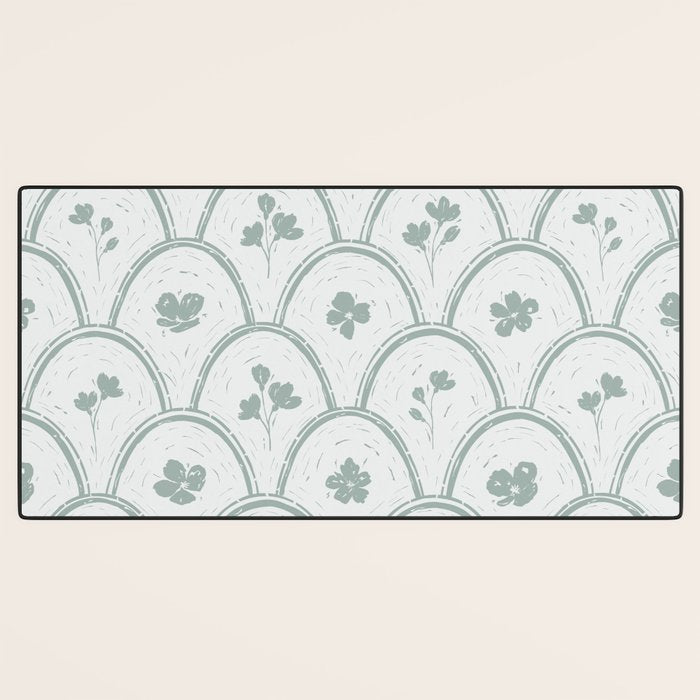 Rustic scallop floral block print - dusty mint pastel green pattern Desk Mat Gallery Image 3