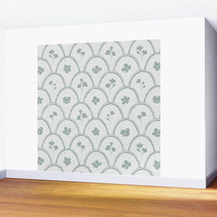 Rustic scallop floral block print - dusty mint pastel green pattern Wall Mural Gallery Image 2