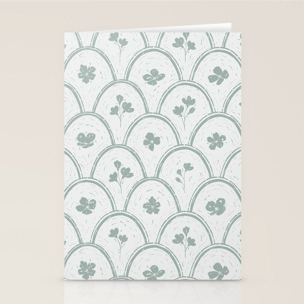Rustic scallop floral block print - dusty mint pastel green pattern Stationery Card Gallery Image 1