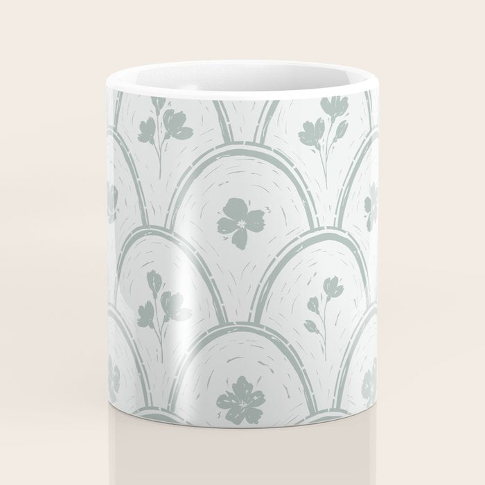 Rustic scallop floral block print - dusty mint pastel green pattern Coffee Mug Gallery Image 4