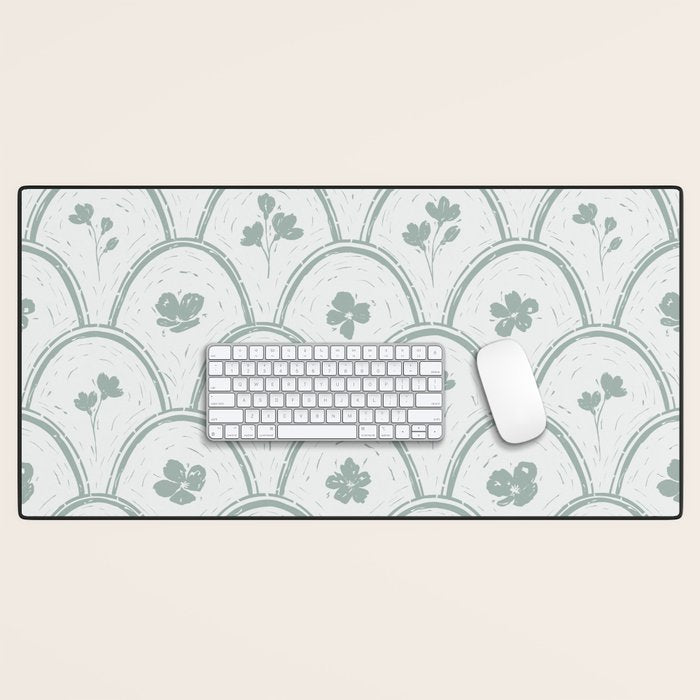 Rustic scallop floral block print - dusty mint pastel green pattern Desk Mat Gallery Image 1