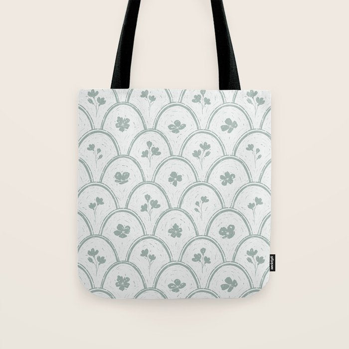 Rustic scallop floral block print - dusty mint pastel green pattern Tote Bag Gallery Image 1