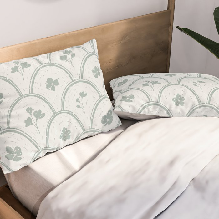 Rustic scallop floral block print - dusty mint pastel green pattern Pillow Sham Gallery Image 2