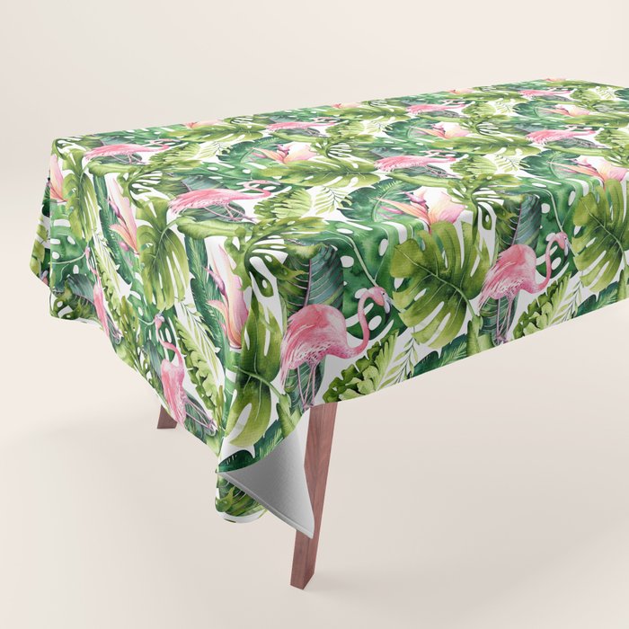 Flamingo Tropical, Colorful Tropical Jungle Monstera Painting, Watercolor Birds Banana Leaves Tablecloth Gallery Image 1