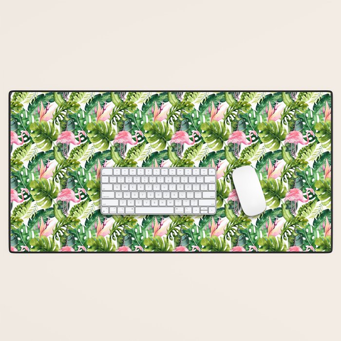 Flamingo Tropical, Colorful Tropical Jungle Monstera Painting, Watercolor Birds Banana Leaves Desk Mat Gallery Image 1