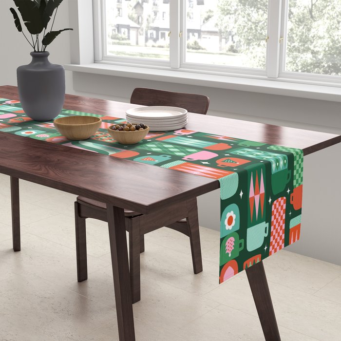 Retro Christmas Coffee Thermoses - Green Table Runner Gallery Image 2