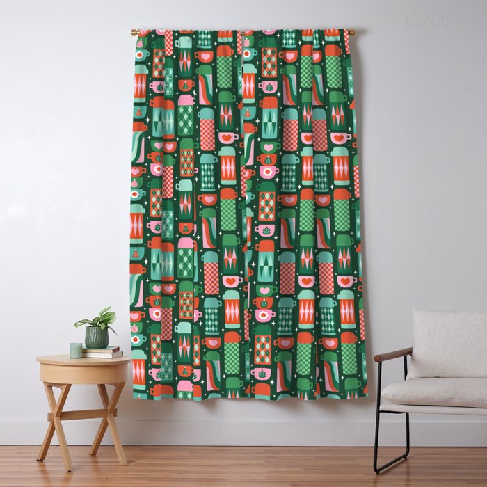 Retro Christmas Coffee Thermoses - Green Window Curtain Gallery Image 1