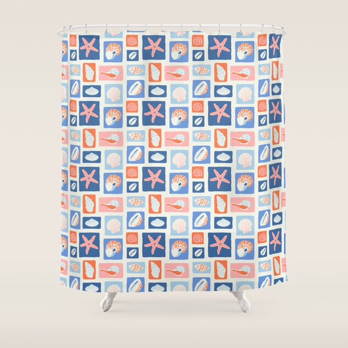 Vintage marine seashell mosaic art pattern Shower Curtain Gallery Image 1
