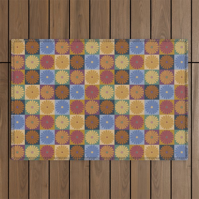 Retro Flowers Check Pattern XII Outdoor Rug Gallery Image 1