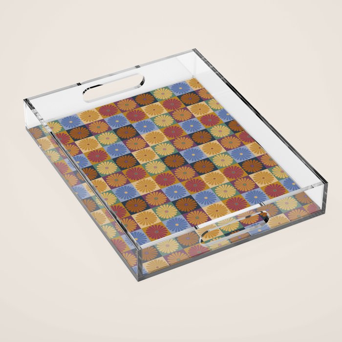 Retro Flowers Check Pattern XII Acrylic Tray Gallery Image 1