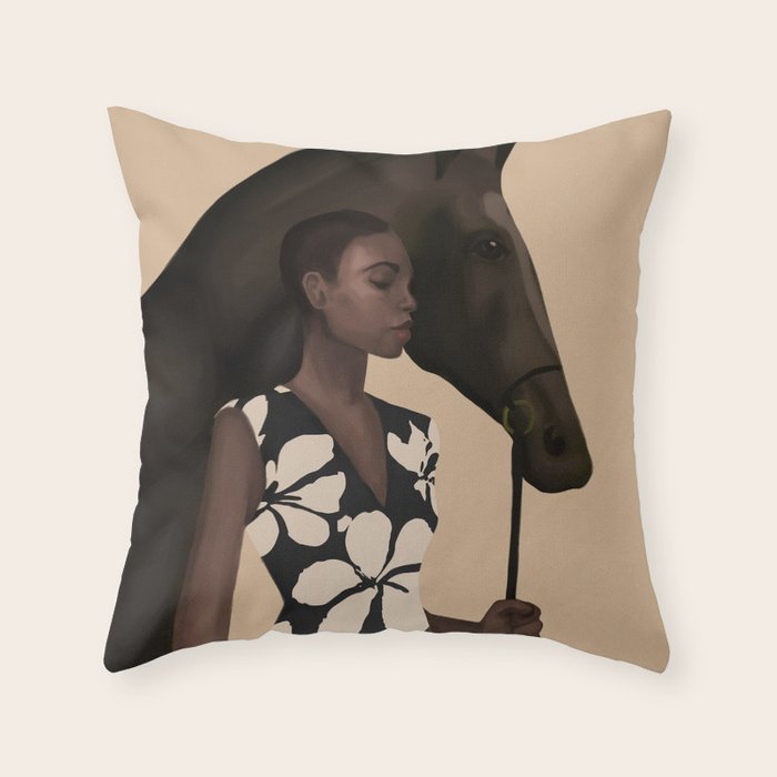 Woman in Bold Print with Black Horse Throw Pillow Gallery Image 1