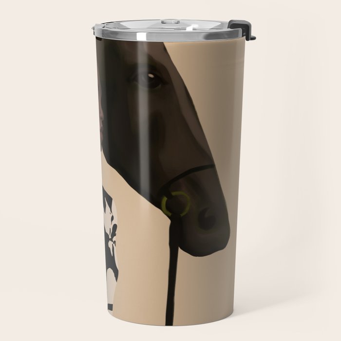Woman in Bold Print with Black Horse Travel Mug Gallery Image 2