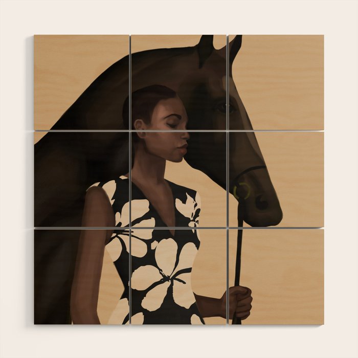 Woman in Bold Print with Black Horse Wood Wall Art Gallery Image 1