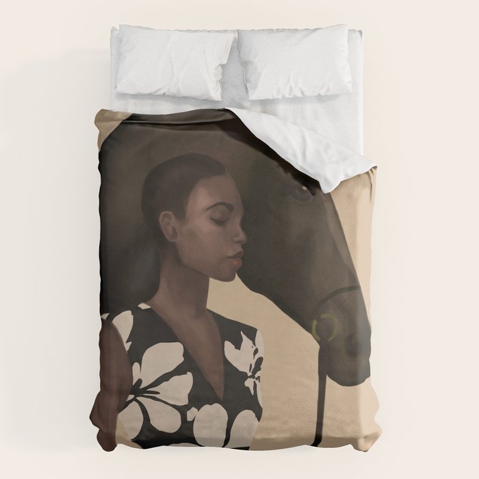 Woman in Bold Print with Black Horse Duvet Cover Gallery Image 6