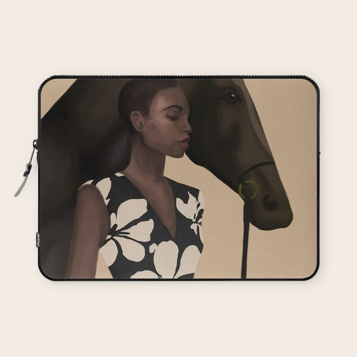 Woman in Bold Print with Black Horse Laptop Sleeve Gallery Image 1