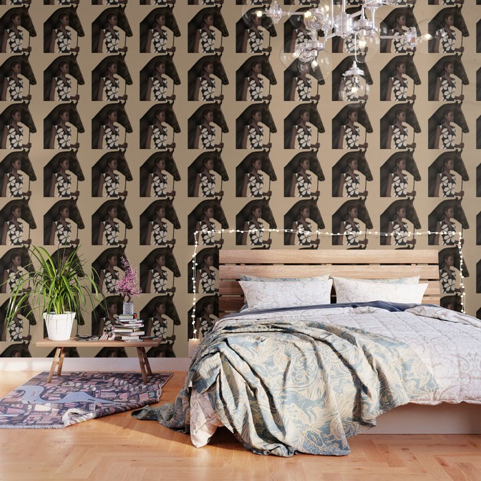 Woman in Bold Print with Black Horse Wallpaper Gallery Image 1