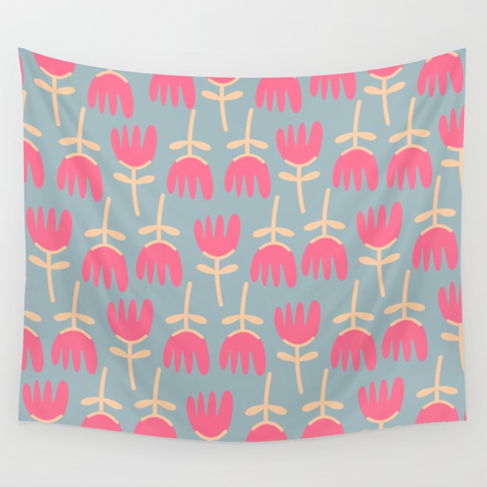 Tulips - Cheerful Scandi Floral Pattern in Pink, Apricot Cream, and Light Blue Wall Tapestry Gallery Image 4