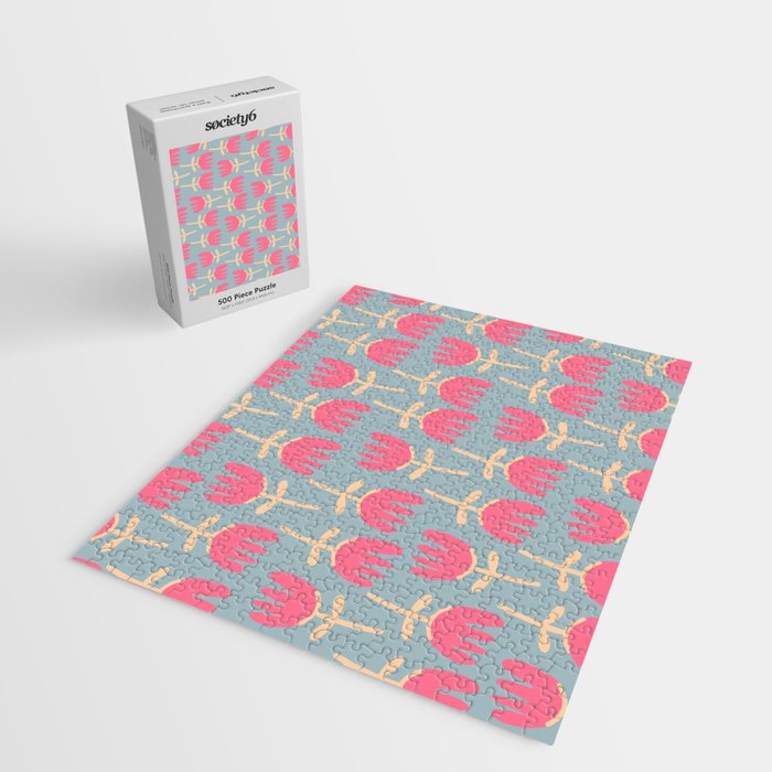 Tulips - Cheerful Scandi Floral Pattern in Pink, Apricot Cream, and Light Blue Jigsaw Puzzle Gallery Image 2