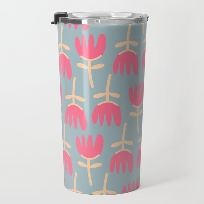 Tulips - Cheerful Scandi Floral Pattern in Pink, Apricot Cream, and Light Blue Travel Mug Gallery Image 3