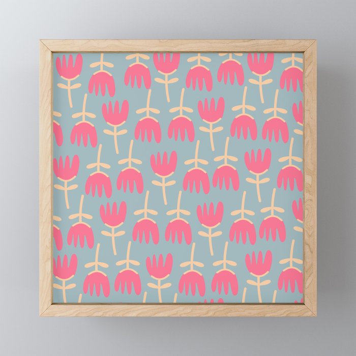 Tulips - Cheerful Scandi Floral Pattern in Pink, Apricot Cream, and Light Blue Mini Art Print Gallery Image 1