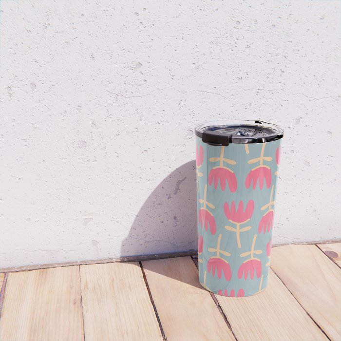 Tulips - Cheerful Scandi Floral Pattern in Pink, Apricot Cream, and Light Blue Travel Mug Gallery Image 4