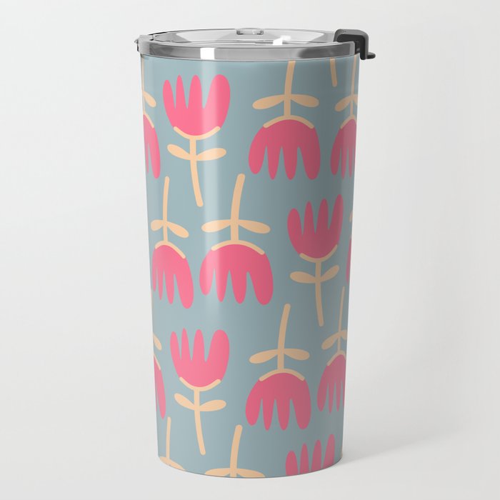 Tulips - Cheerful Scandi Floral Pattern in Pink, Apricot Cream, and Light Blue Travel Mug Gallery Image 2