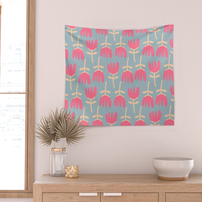 Tulips - Cheerful Scandi Floral Pattern in Pink, Apricot Cream, and Light Blue Wall Tapestry Gallery Image 2