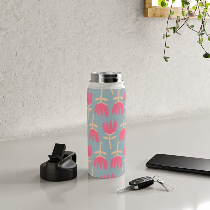 Tulips - Cheerful Scandi Floral Pattern in Pink, Apricot Cream, and Light Blue Water Bottle Gallery Image 4