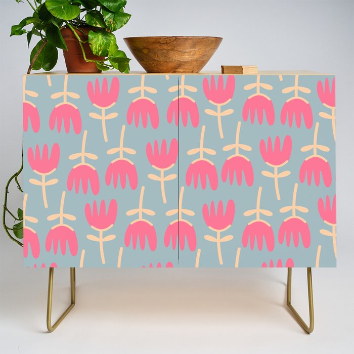 Tulips - Cheerful Scandi Floral Pattern in Pink, Apricot Cream, and Light Blue Credenza Gallery Image 1