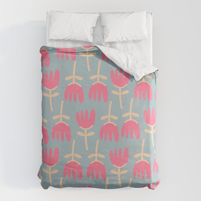 Tulips - Cheerful Scandi Floral Pattern in Pink, Apricot Cream, and Light Blue Duvet Cover Gallery Image 1