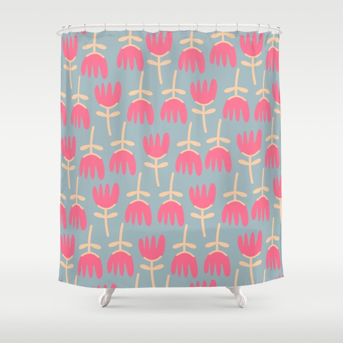 Tulips - Cheerful Scandi Floral Pattern in Pink, Apricot Cream, and Light Blue Shower Curtain Gallery Image 1