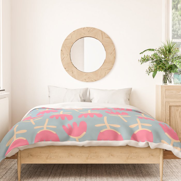 Tulips - Cheerful Scandi Floral Pattern in Pink, Apricot Cream, and Light Blue Duvet Cover Gallery Image 3