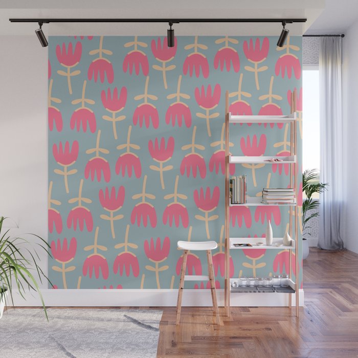 Tulips - Cheerful Scandi Floral Pattern in Pink, Apricot Cream, and Light Blue Wall Mural Gallery Image 1