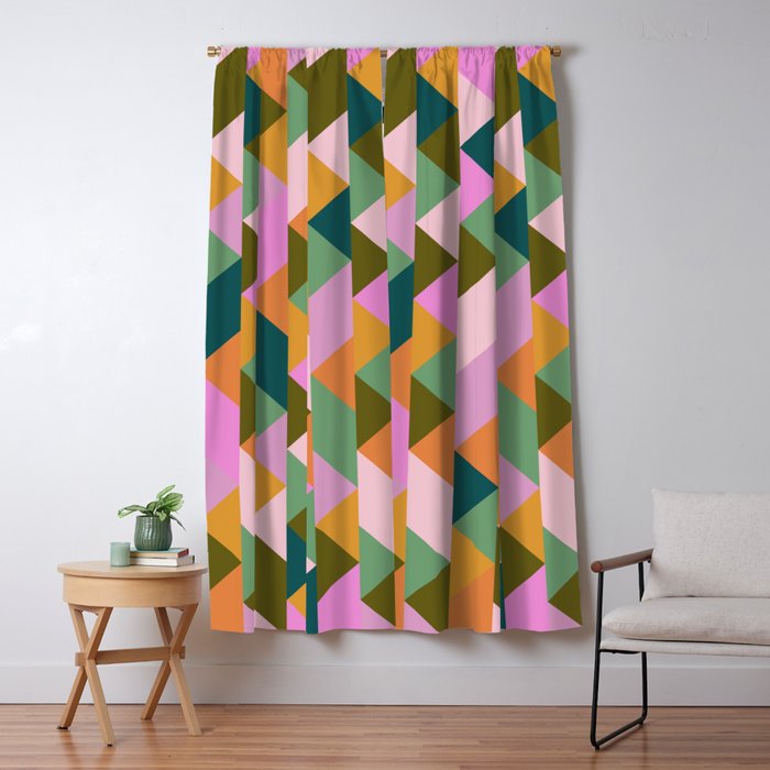 Retro Modern Pink Green Geometric Triangle Art Window Curtain Gallery Image 5