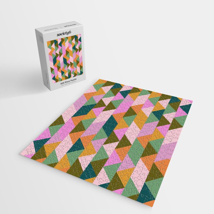 Retro Modern Pink Green Geometric Triangle Art Jigsaw Puzzle Gallery Image 2