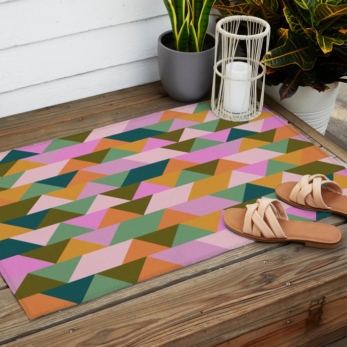 Retro Modern Pink Green Geometric Triangle Art Outdoor Rug Gallery Image 2