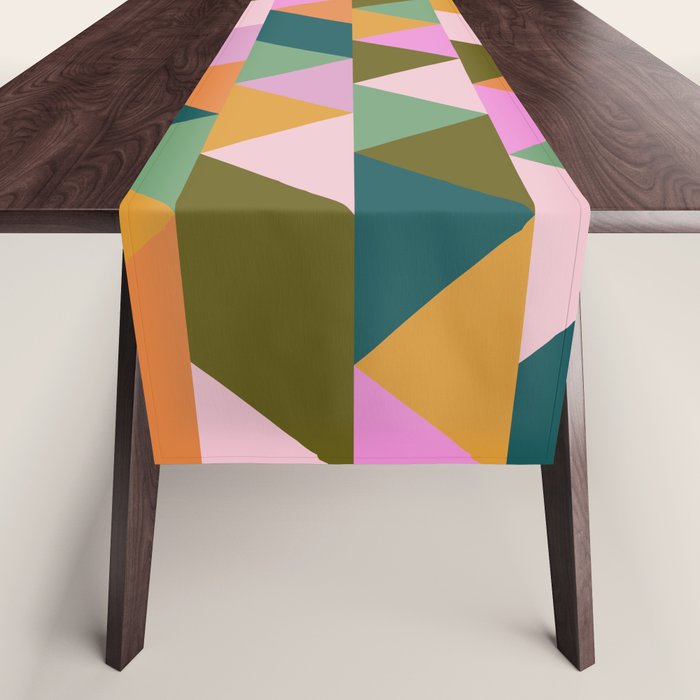 Retro Modern Pink Green Geometric Triangle Art Table Runner Gallery Image 1