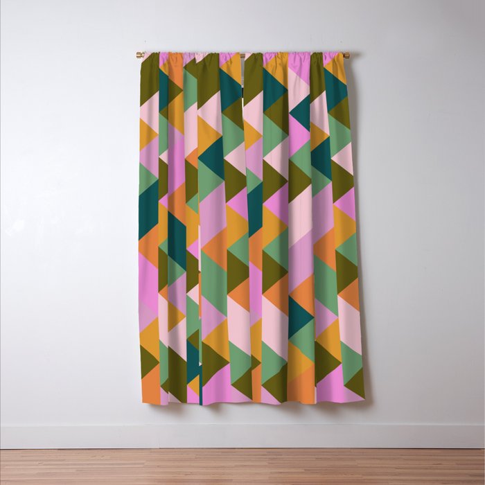 Retro Modern Pink Green Geometric Triangle Art Window Curtain Gallery Image 3