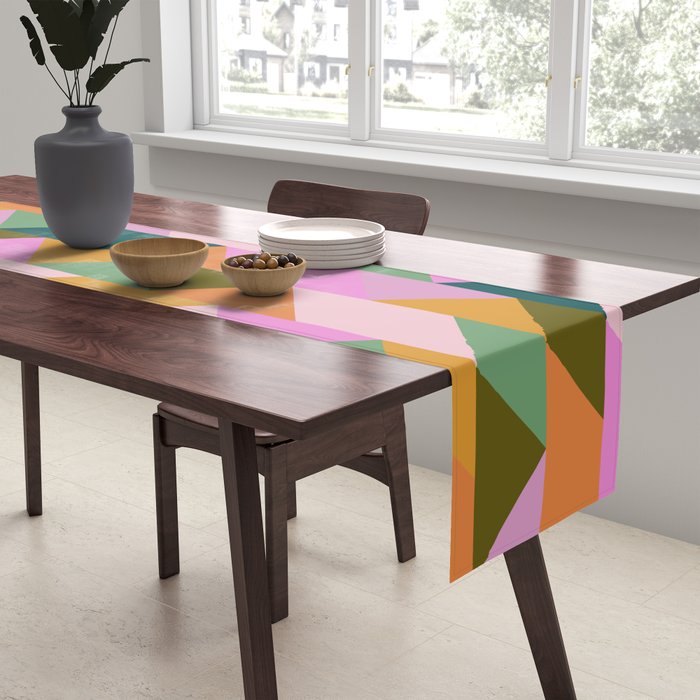 Retro Modern Pink Green Geometric Triangle Art Table Runner Gallery Image 2