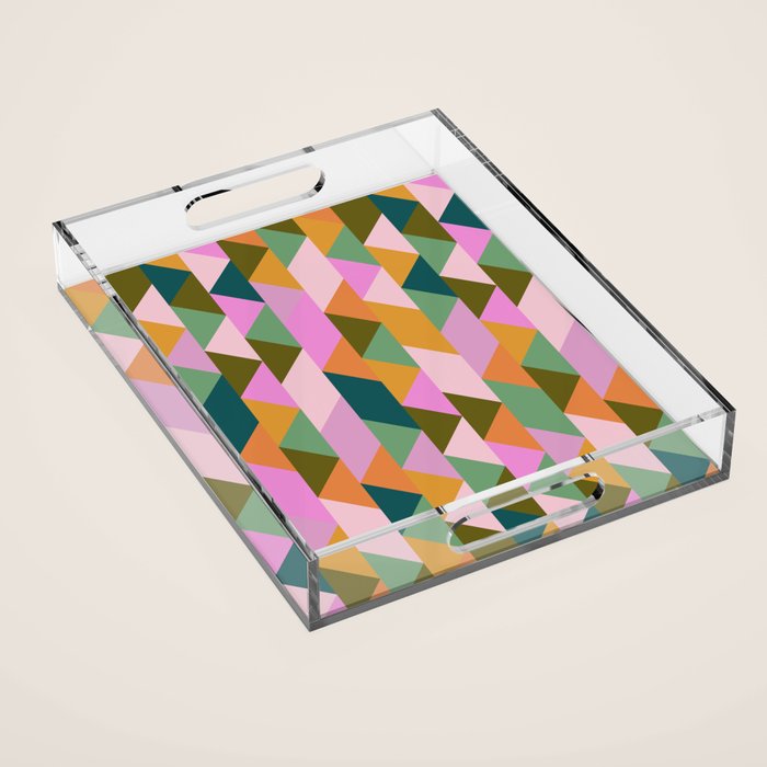 Retro Modern Pink Green Geometric Triangle Art Acrylic Tray Gallery Image 1