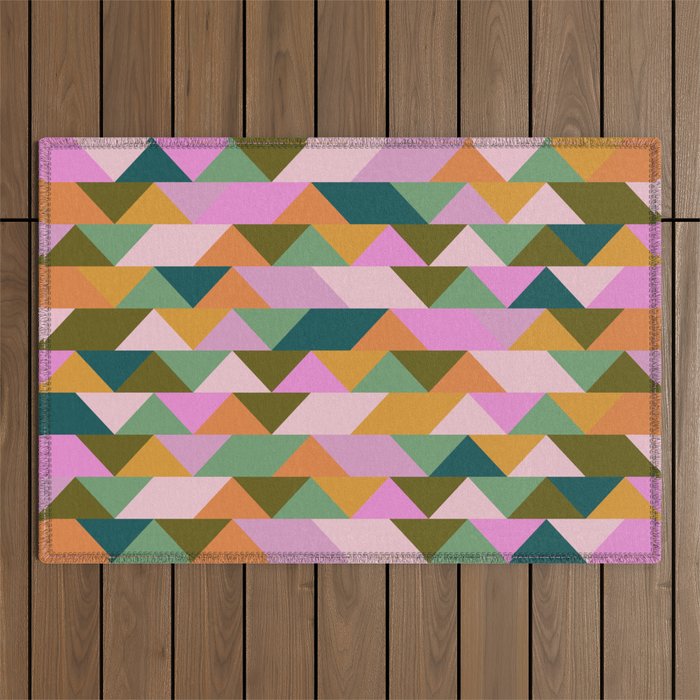 Retro Modern Pink Green Geometric Triangle Art Outdoor Rug Gallery Image 1
