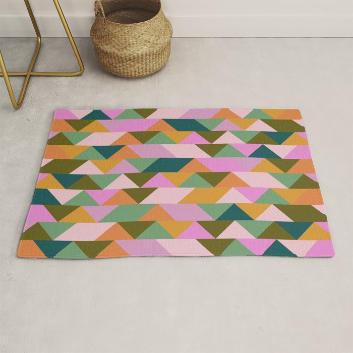 Retro Modern Pink Green Geometric Triangle Art Rug Gallery Image 1