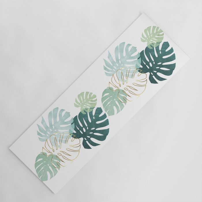 Tropical minimal / green, turquoise and gold monstera Yoga Mat Gallery Image 1