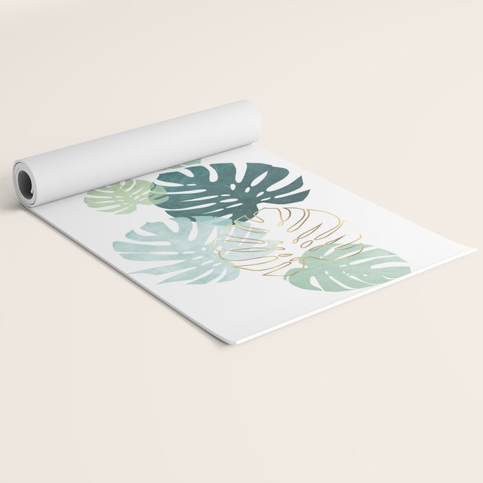 Tropical minimal / green, turquoise and gold monstera Yoga Mat Gallery Image 2